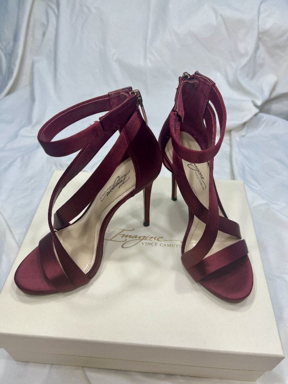 Imagine Vince Camuto Devin Burgundy Satin Strappy Stiletto Heels Size 5